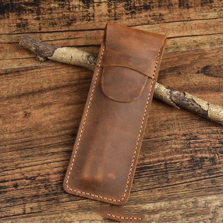 Vintage leather pencil case in square design showing black and brown colour options