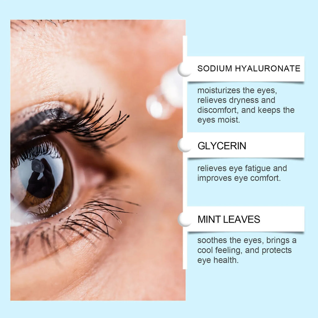 Bottle of moisturising eye drops with mint leaf and sodium hyaluronate for gentle eye care