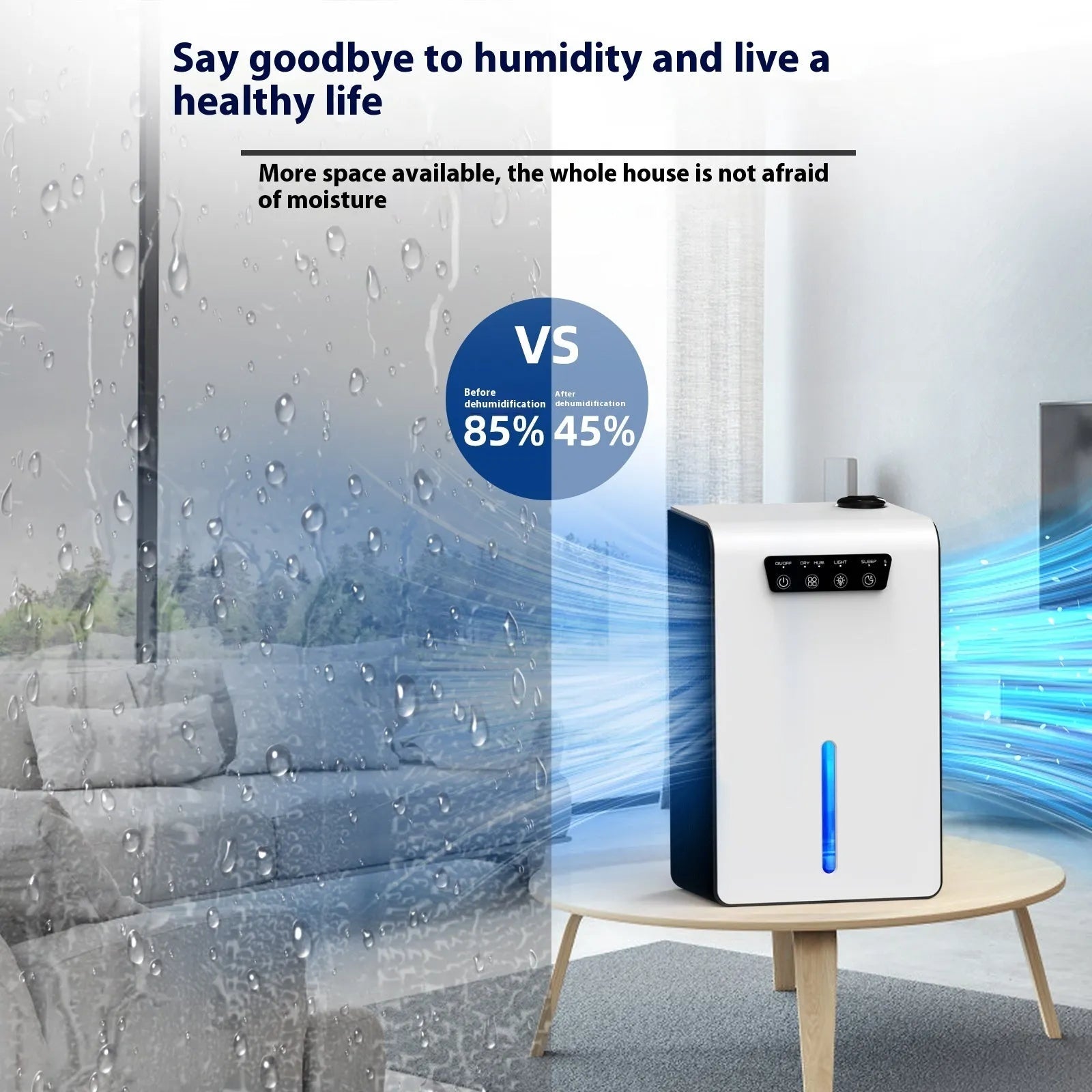 Milky white household dehumidifier for bedrooms and small rooms up to 20 square metres.