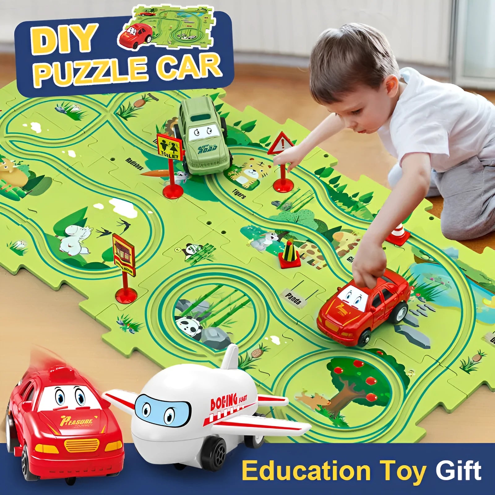 Children puzzle electric railroad speeder with automatic car and dinosaur-themed puzzle track pieces on floor