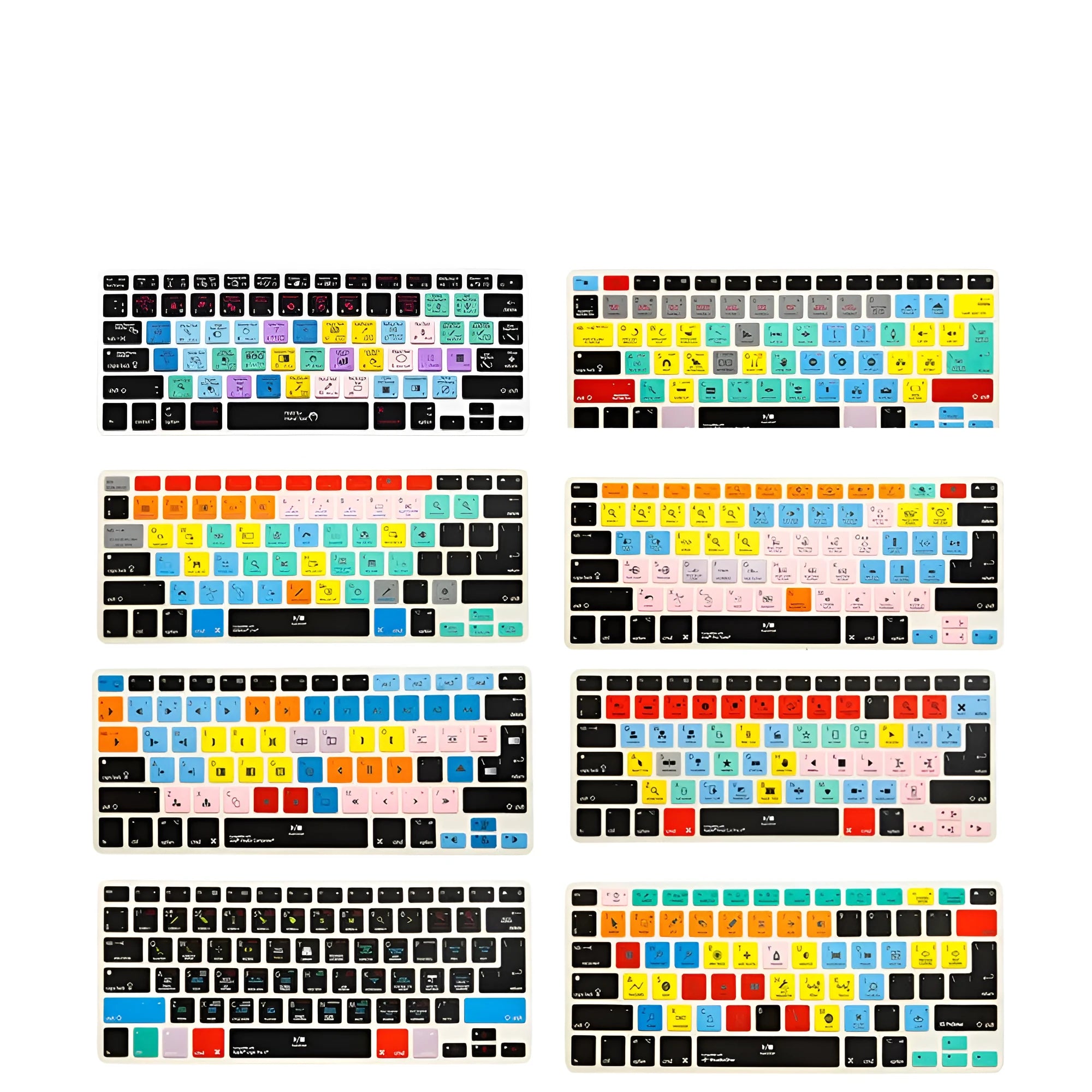 Silicone keyboard shortcut overlay film for MacBook Pro and Air, showing software hotkeys for music and video editing programs.