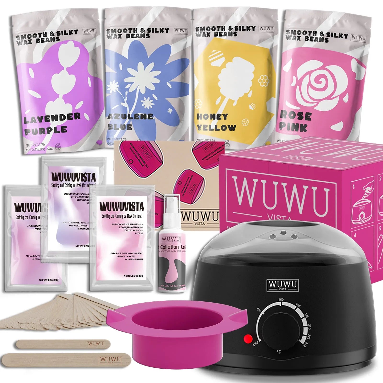 29 piece hard waxing kit with black wax warmer, wax beans, sticks, and aftercare products