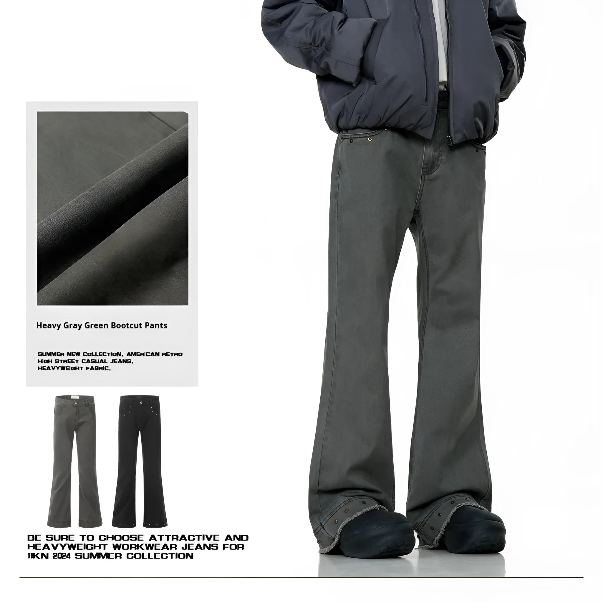 American retro straight-leg cotton jeans in black or gray green with mid-waist fit and horn leg opening