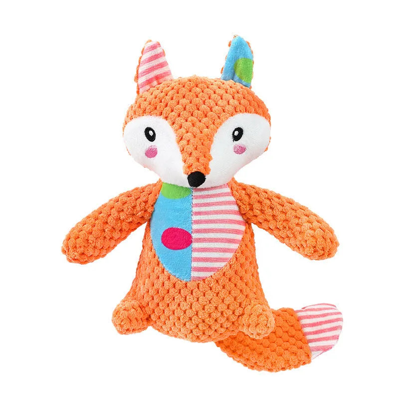 Interactive dog toy with squeaky and crinkly sounds, plush construction, available in Elephant Fox Rabbit styles