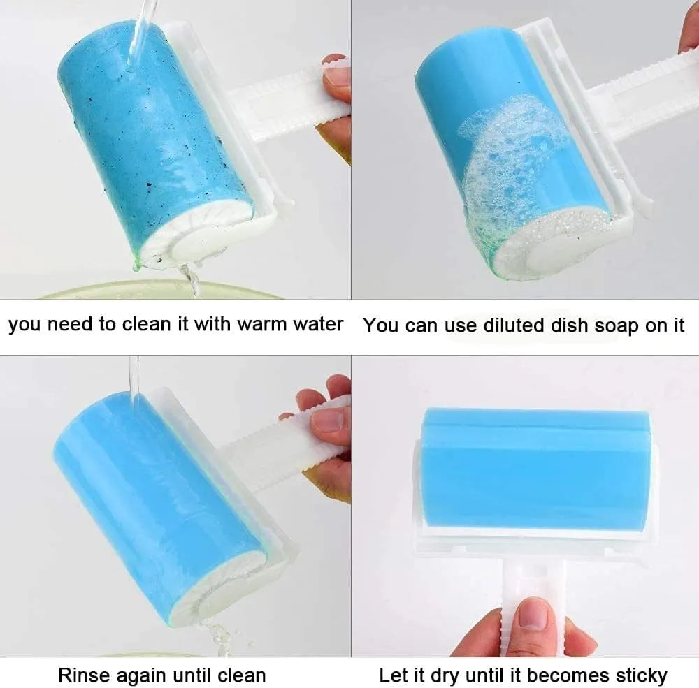 Blue washable reusable lint roller with cover for removing pet hair from fabrics