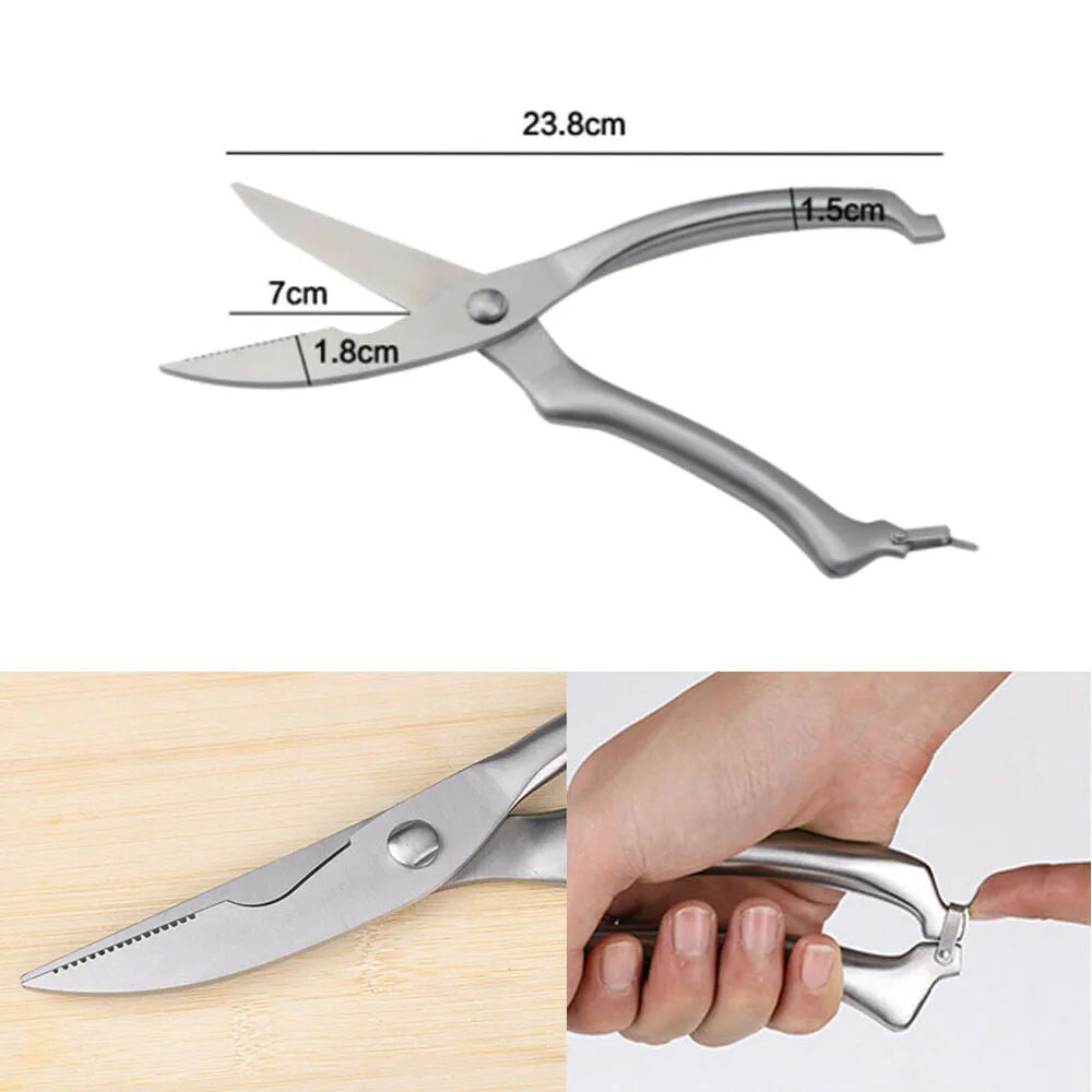 Silver stainless steel poultry shears 9.8 inch with serrated blade and bone notch on cutting board