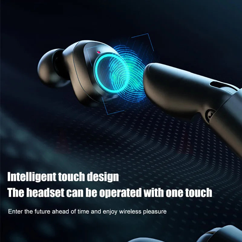 Black Bluetooth gaming headset with charging case showing earpieces and accessories
