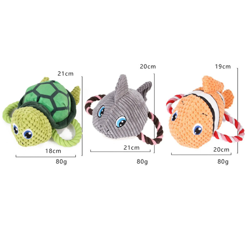 Turtle shaped dog chewing toy in green colour showing plush fabric and rope knot construction