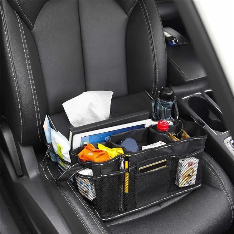 Black oxford cloth car boot storage box organiser measuring 33cm by 33cm by 16cm.