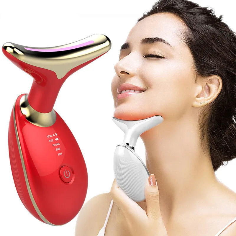 Black silver electric neck massager device with LED lights showing EMS microcurrent and thermal functions