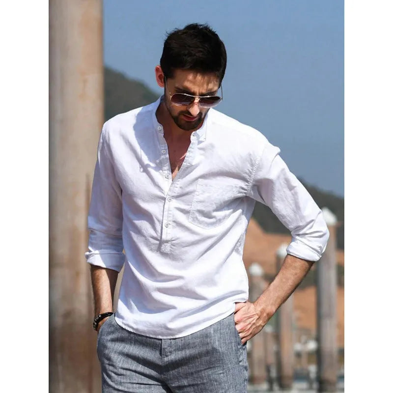 Men's slim fit fleece lined long sleeve top in Army Green, made from hemp blend with four-way stretch