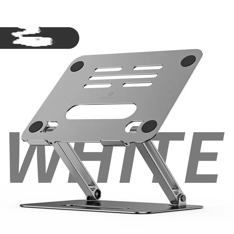 Grey silver aluminium alloy double-layer desktop computer stand with heat sink on a desk