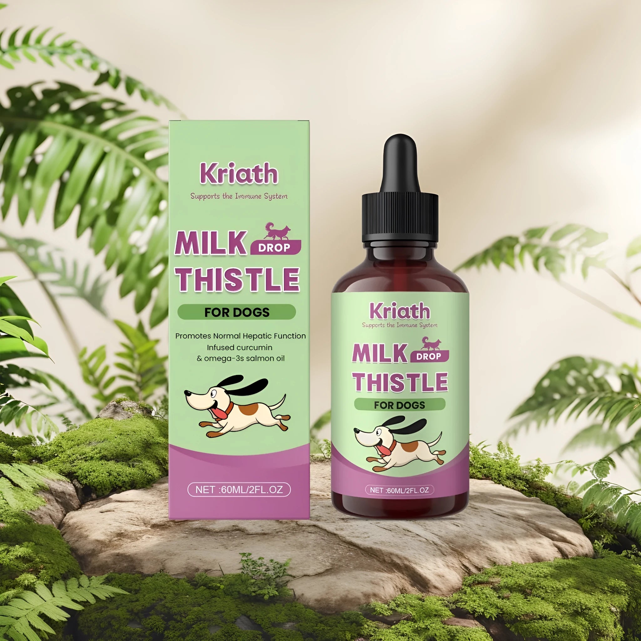 60ml bottle of dog milk thistle and turmeric liquid supplement with a dropper.