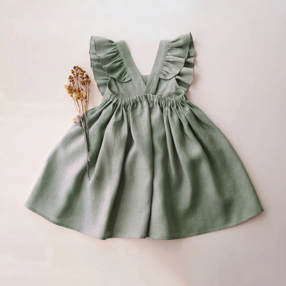 Baby girl's summer strap dress in green solid colour with A-line skirt and cotton lining