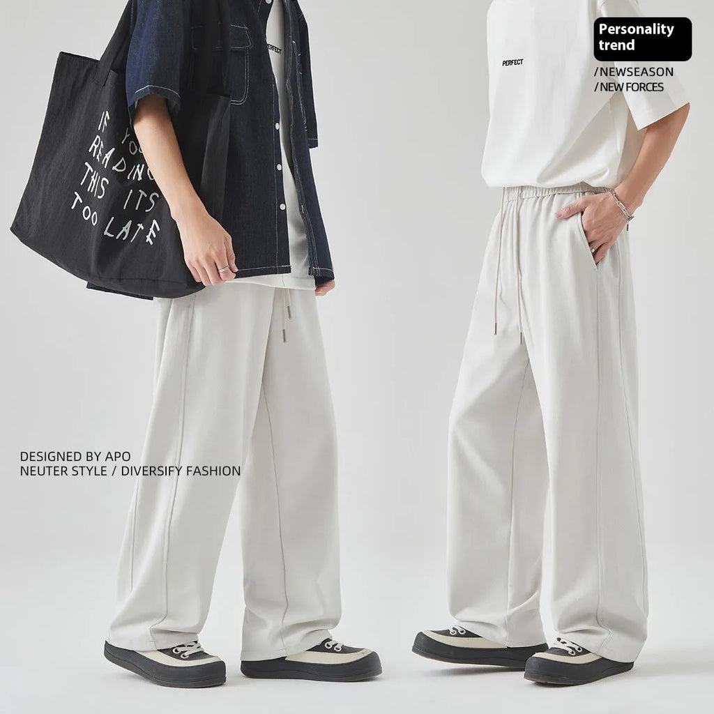 Men's cotton blend summer casual pants in straight-leg design with lace-up waist closure