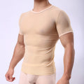Men's slim fit mesh t-shirt in solid colour on a hanger, showing short sleeves and pullover style.