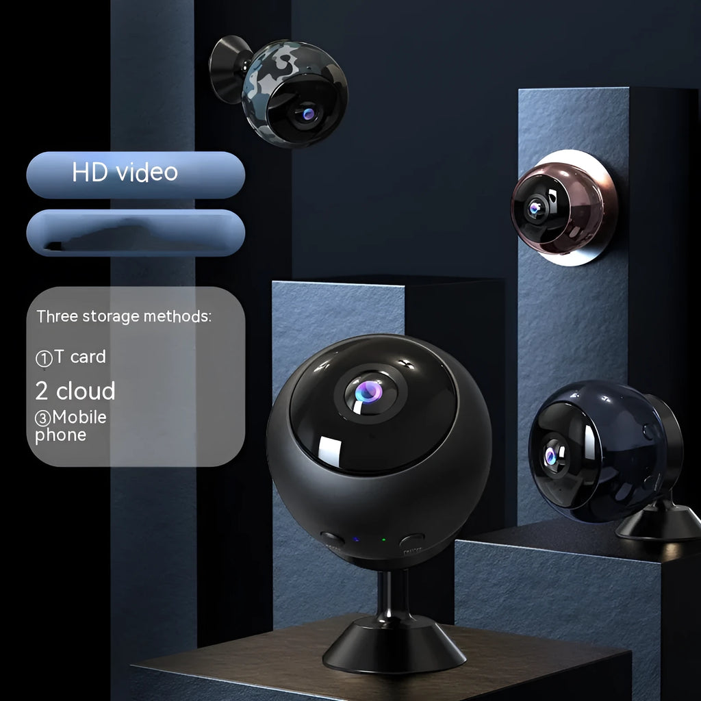 A white 1080p wireless Wi‑Fi security camera for indoor surveillance on a table.