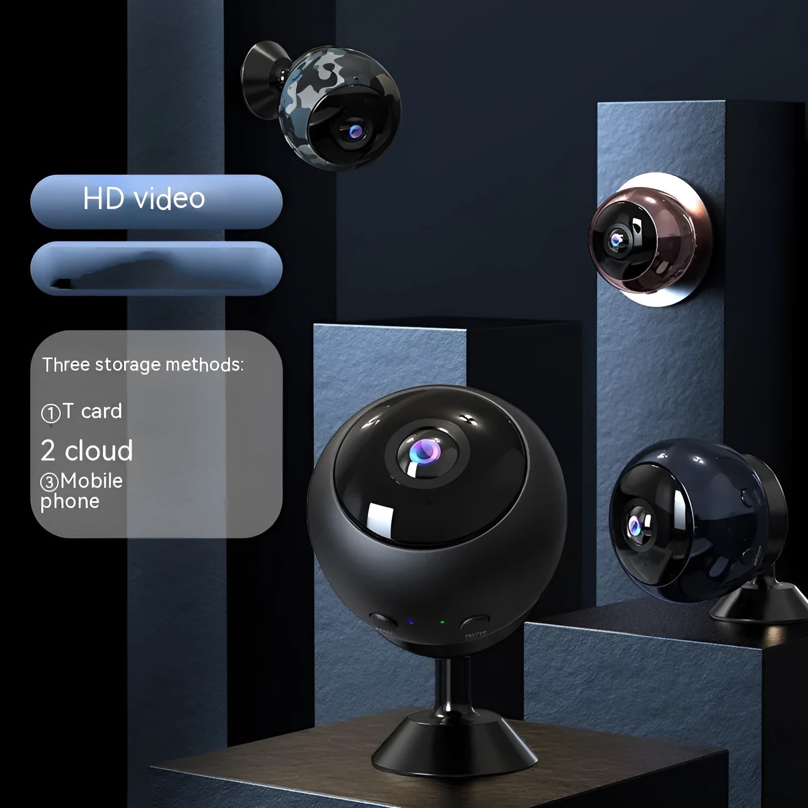 A white 1080p wireless Wi‑Fi security camera for indoor surveillance on a table.