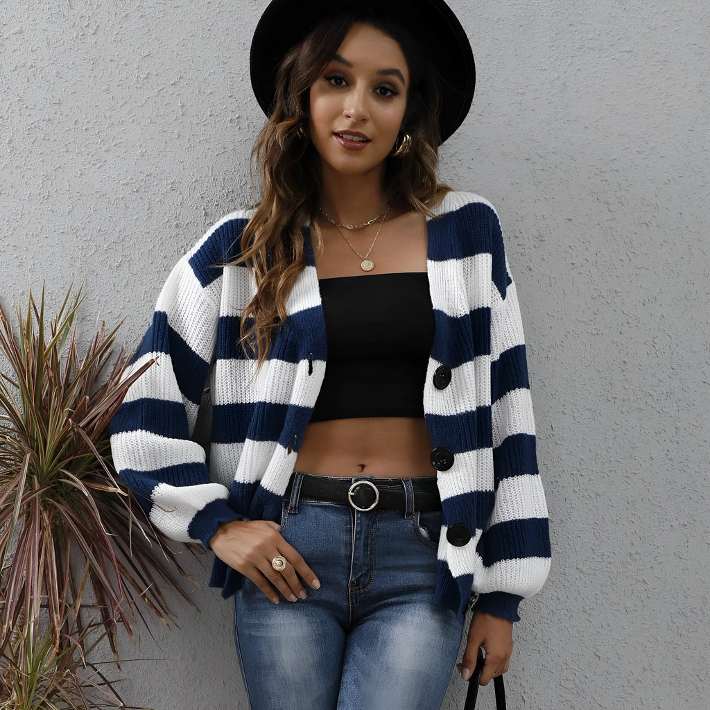 Women's striped cardigan with button stitching in deer plush polyester fabric