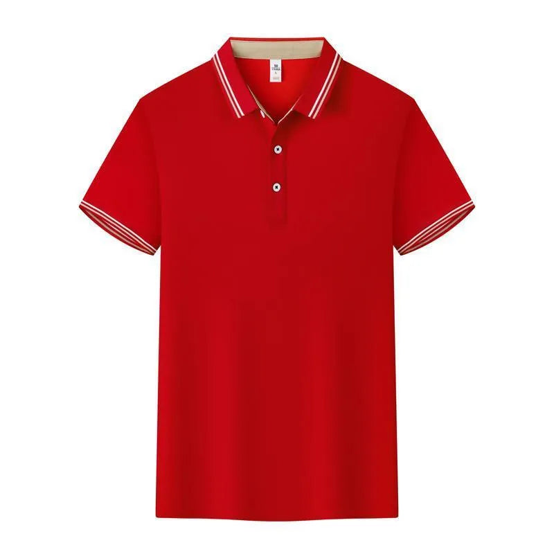 Cotton blend slim fit polo work shirt with collar and short sleeves on a hanger.