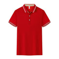 Cotton blend slim fit polo work shirt with collar and short sleeves on a hanger.