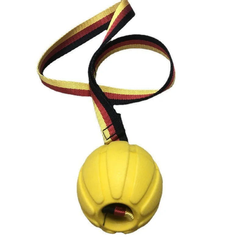 Camouflage and yellow floating pet tetherballs in three diameter sizes for water play