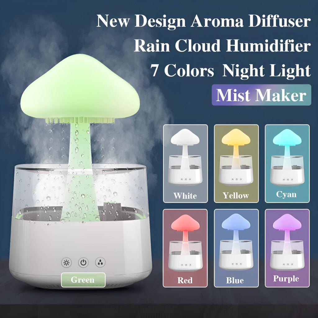 White raining cloud design desktop humidifier and night light with wood grain base