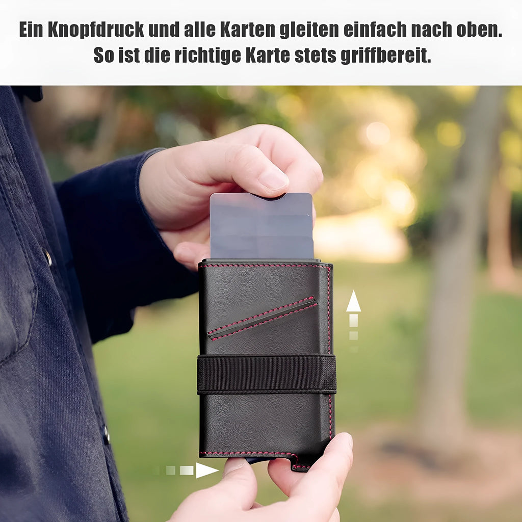 Cowhide leather men's mini card holder wallet, vertical plain design, black or red, with internal card bit.