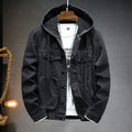 Men's hooded denim jacket in light blue, dark blue, or black, slim fit with cotton lining and size stick pocket, sizes M to 5XL.