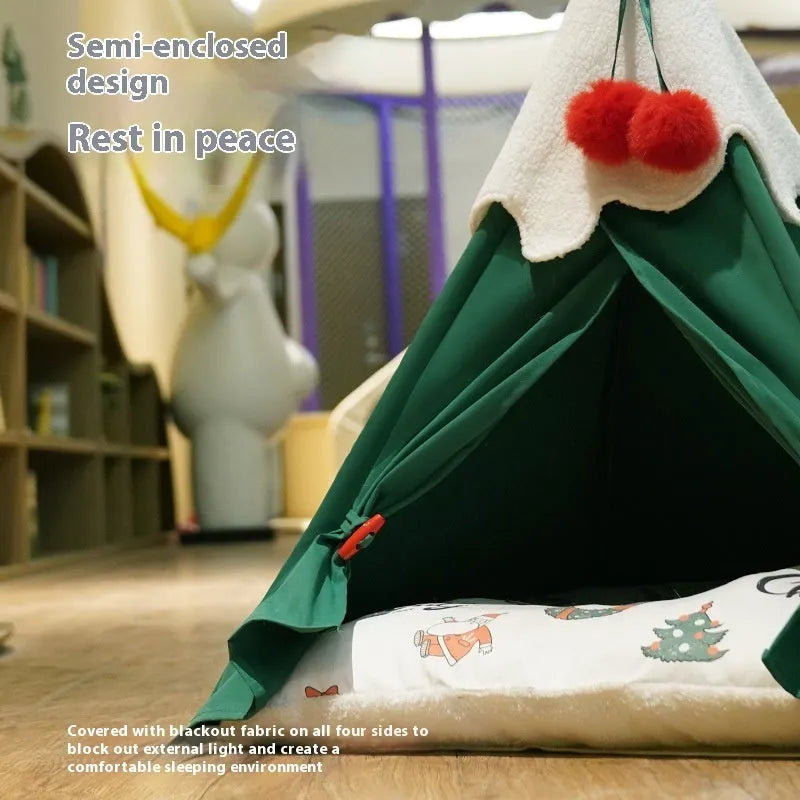 Semi-closed cloth cat house for indoor cats, shown in brown and white mat options.