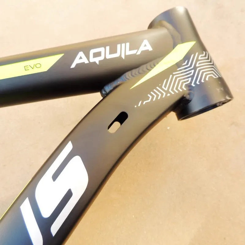 Black green 29-inch aluminium mountain bike frame showing disc brake mounts and inner line routing