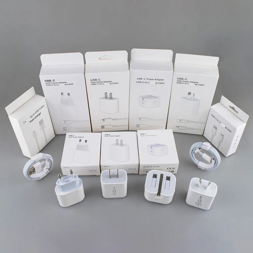 White 20W PD mobile charger with Type-C interface and international plug adapters