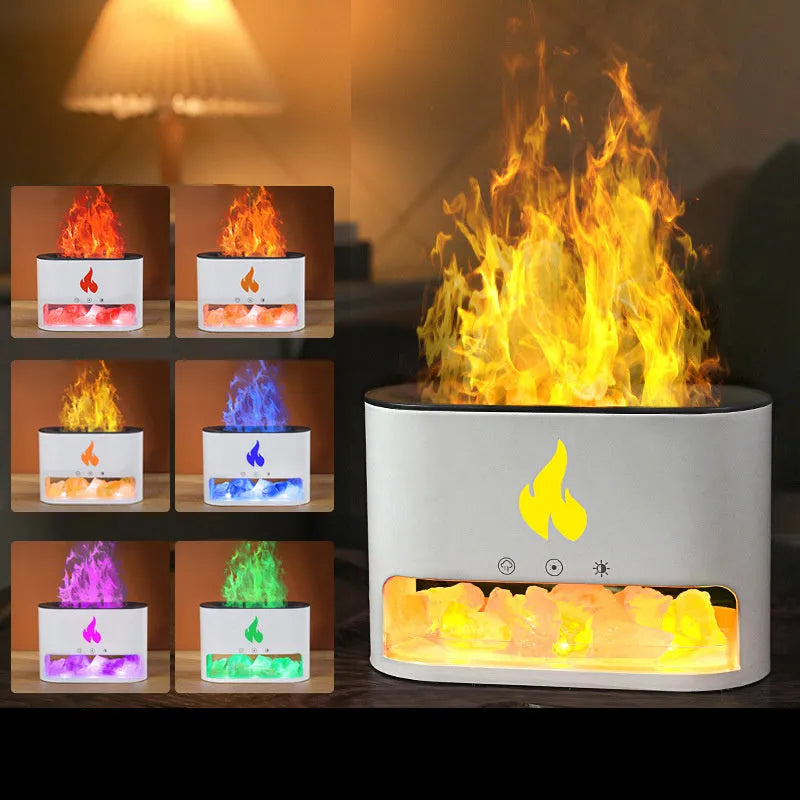 Square white flame humidifier with aromatherapy diffuser and colourful simulation flame on a desktop.