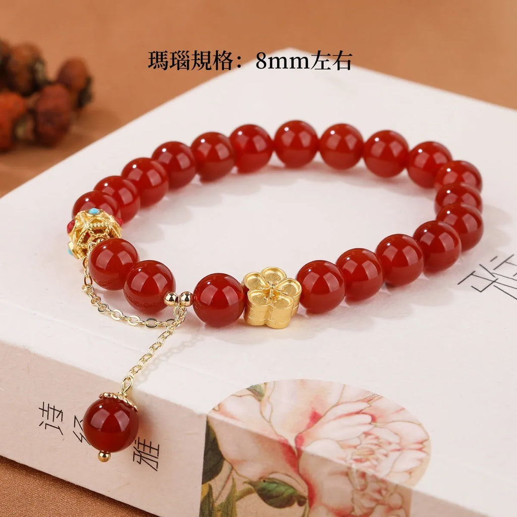 Handmade women's agate bracelet with 8mm stones and peach blossom copper parts