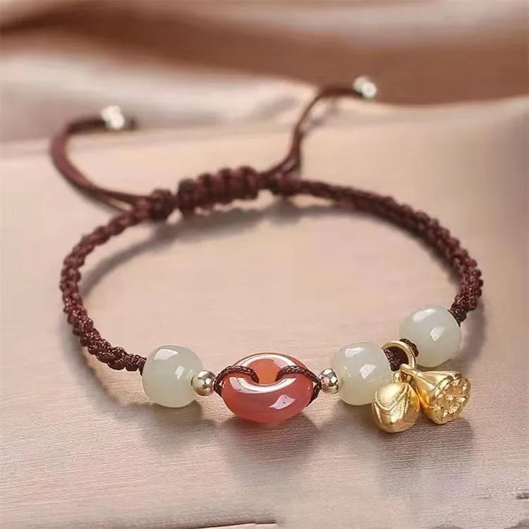 Hetian jade bracelet with constellation modelling, peace buckle closure, and coloured strap options including blue, yellow, red, and brown