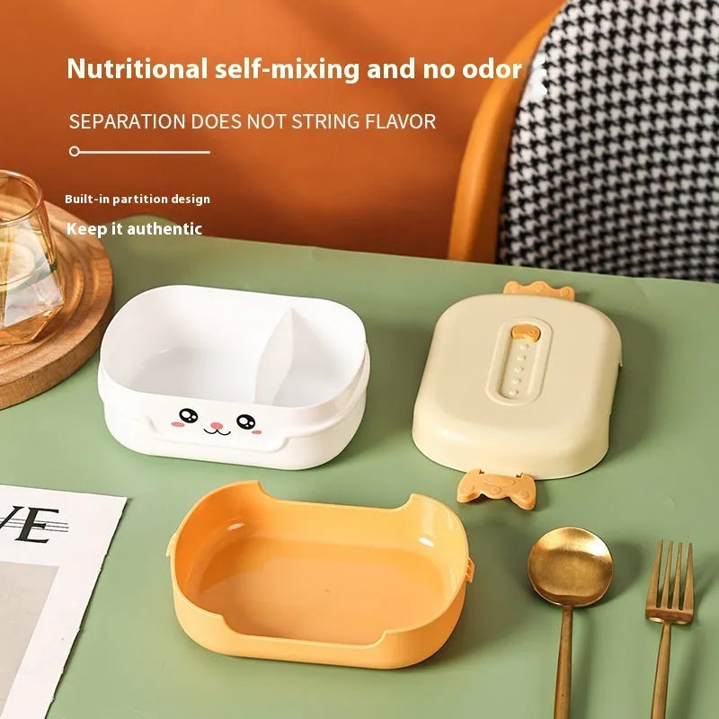 Portable divided lunch box with square shape and microwave-safe plastic construction in three colour options
