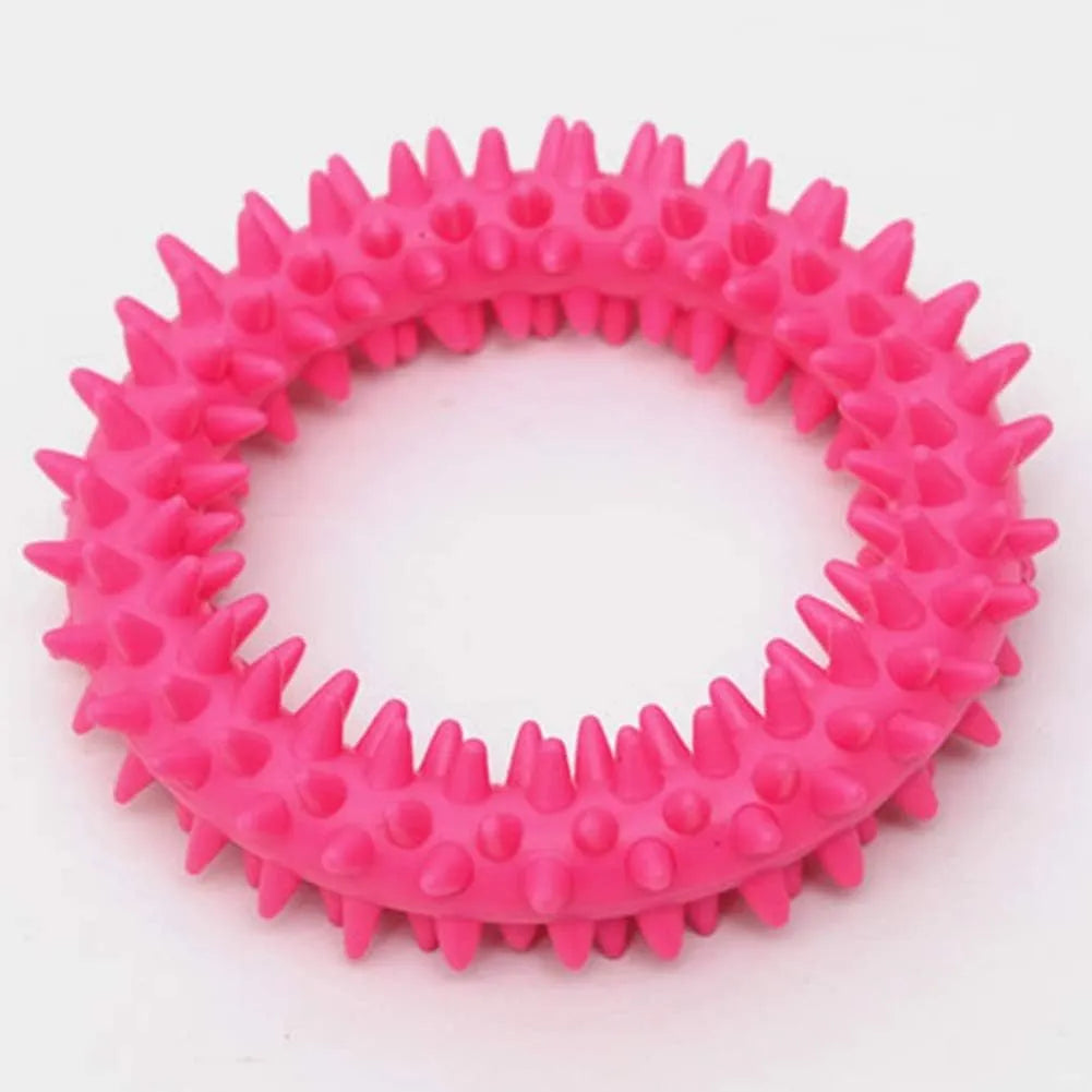 Blue spiky circle ring dog chew toy made of TPR for bite training and dental cleaning.