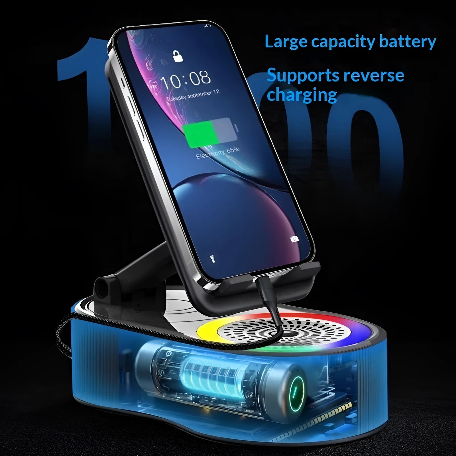 5-in-1 rotating adjustable phone stand power bank Bluetooth speaker with microphone in black
