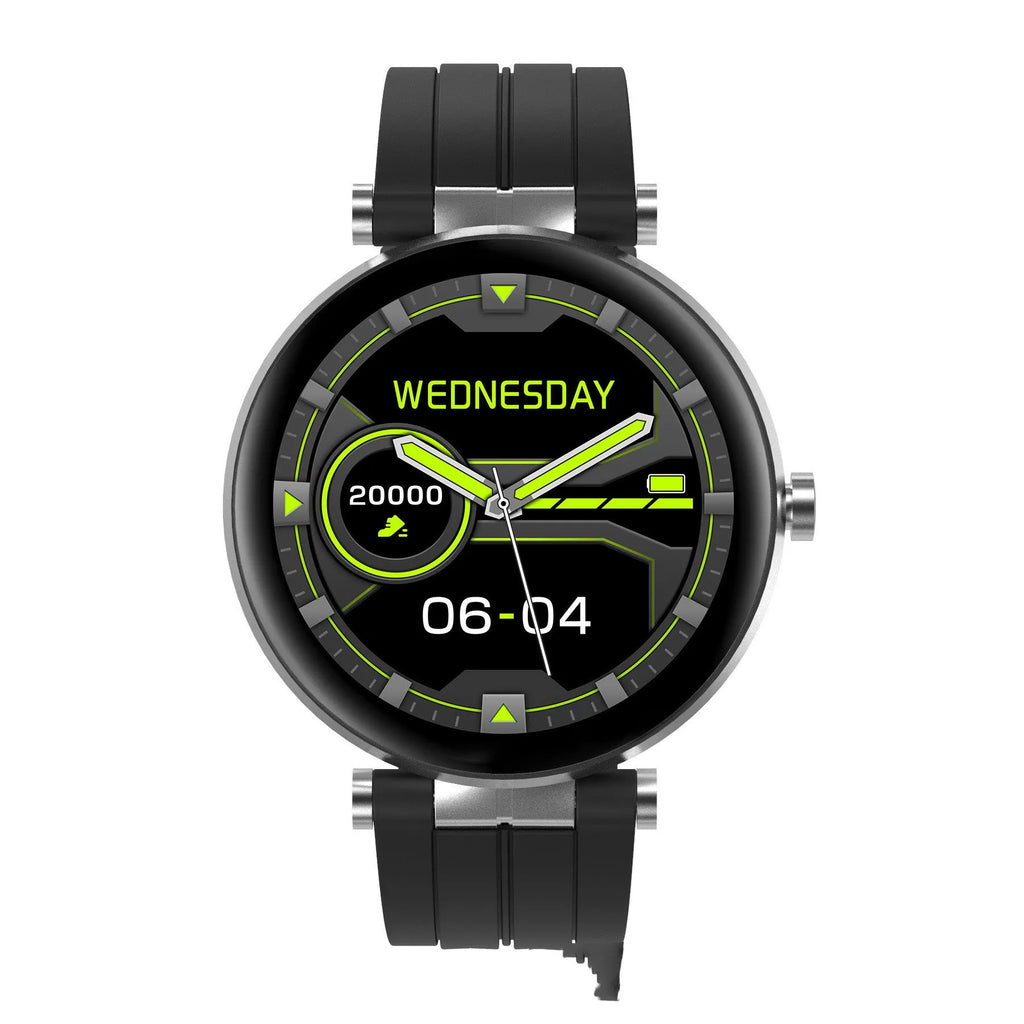 Smart watch with blood pressure monitor on a wrist, showing a black silicone strap and a silver case.