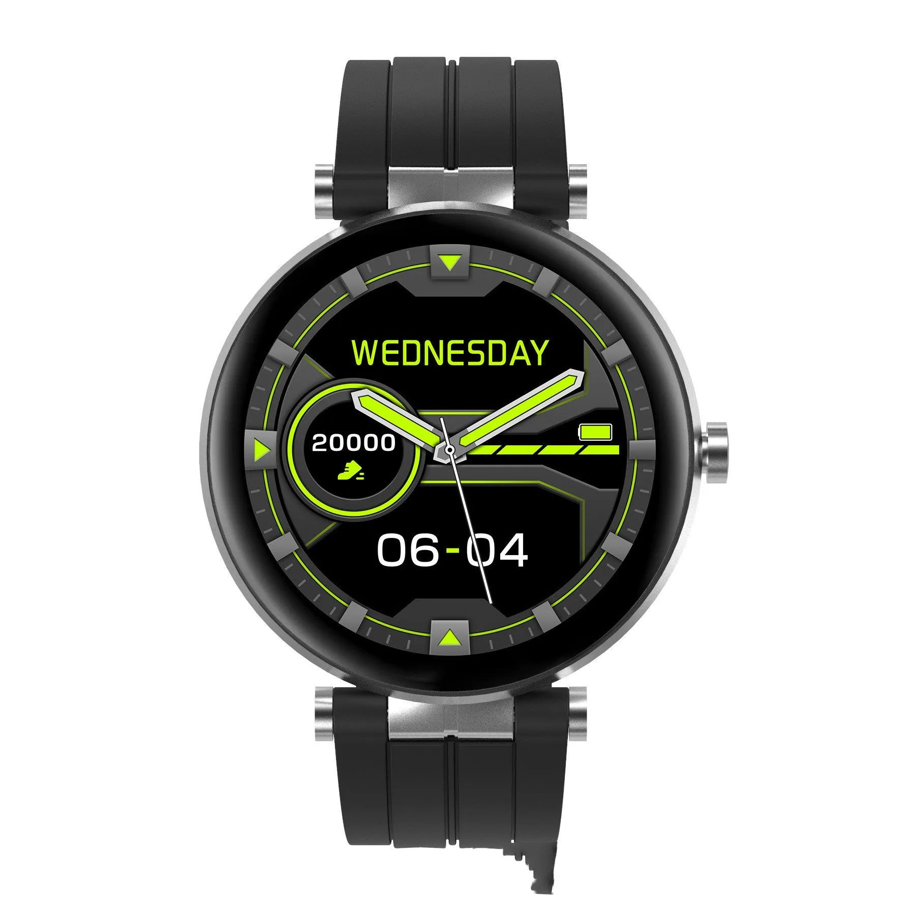 Smart watch with blood pressure monitor on a wrist, showing a black silicone strap and a silver case.