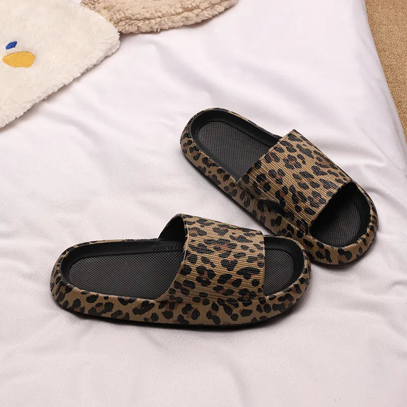 Women's leopard print slippers with thick EVA sole in Korean style, showing colour options.