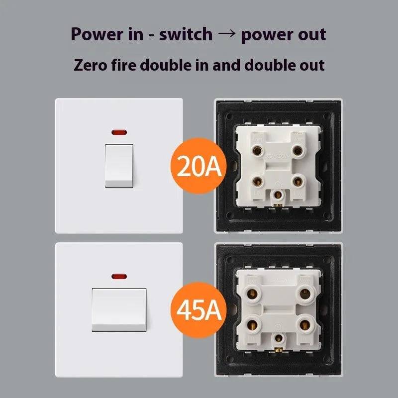 Double-pole illuminated electrical switch in gold, grey or white for water heater and air conditioner circuits