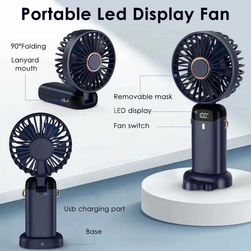 Blue USB rechargeable portable handheld fan shown in neck, desk, and handheld modes with digital display