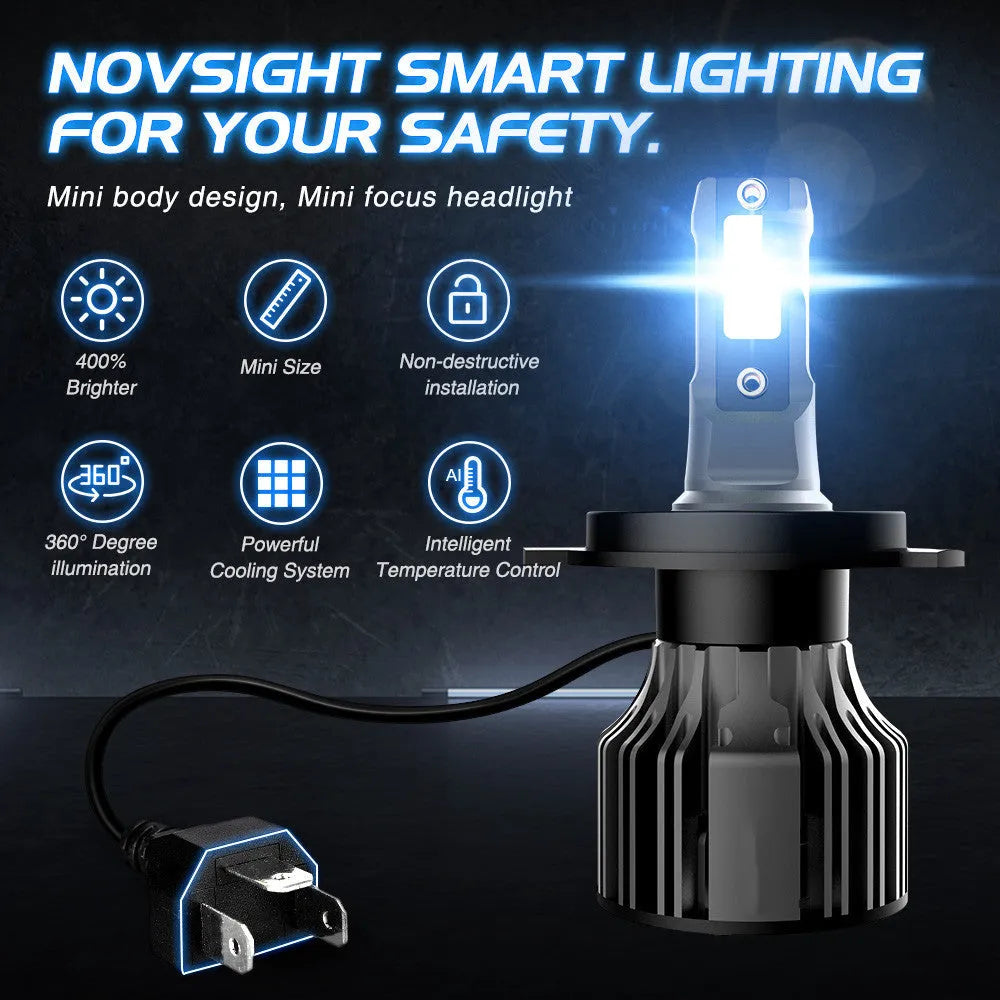6000K white LED car headlight bulb with adjustable chuck and connector for H7, 9005 fitments.