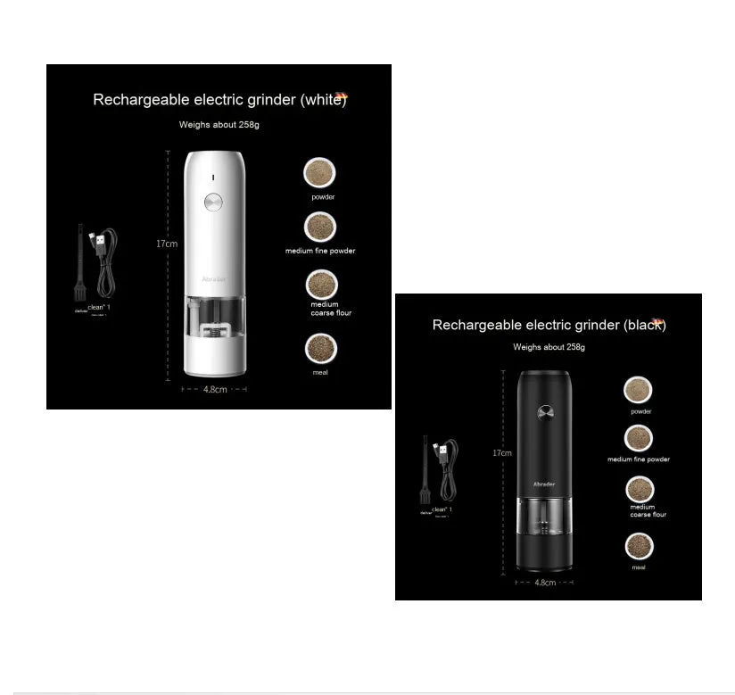 Rechargeable electric pepper and salt grinder set with clear acrylic body and LED light.