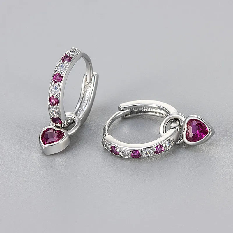 Women's heart-shaped drop earrings with colourful stone in gold or white gold tone setting