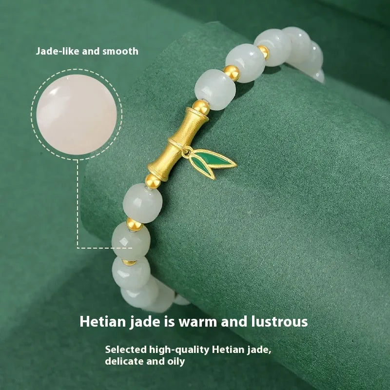 S925 sterling silver bracelet with natural Hetian jade beads and bamboo leaf design elements