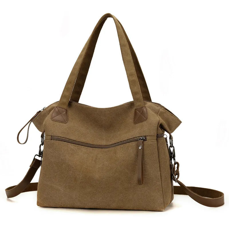 Women's retro canvas shoulder bag in horizontal square shape with multiple compartments