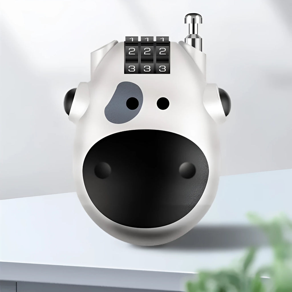 Retractable helmet lock with steel cable in black cow design for motorcycle and bicycle security