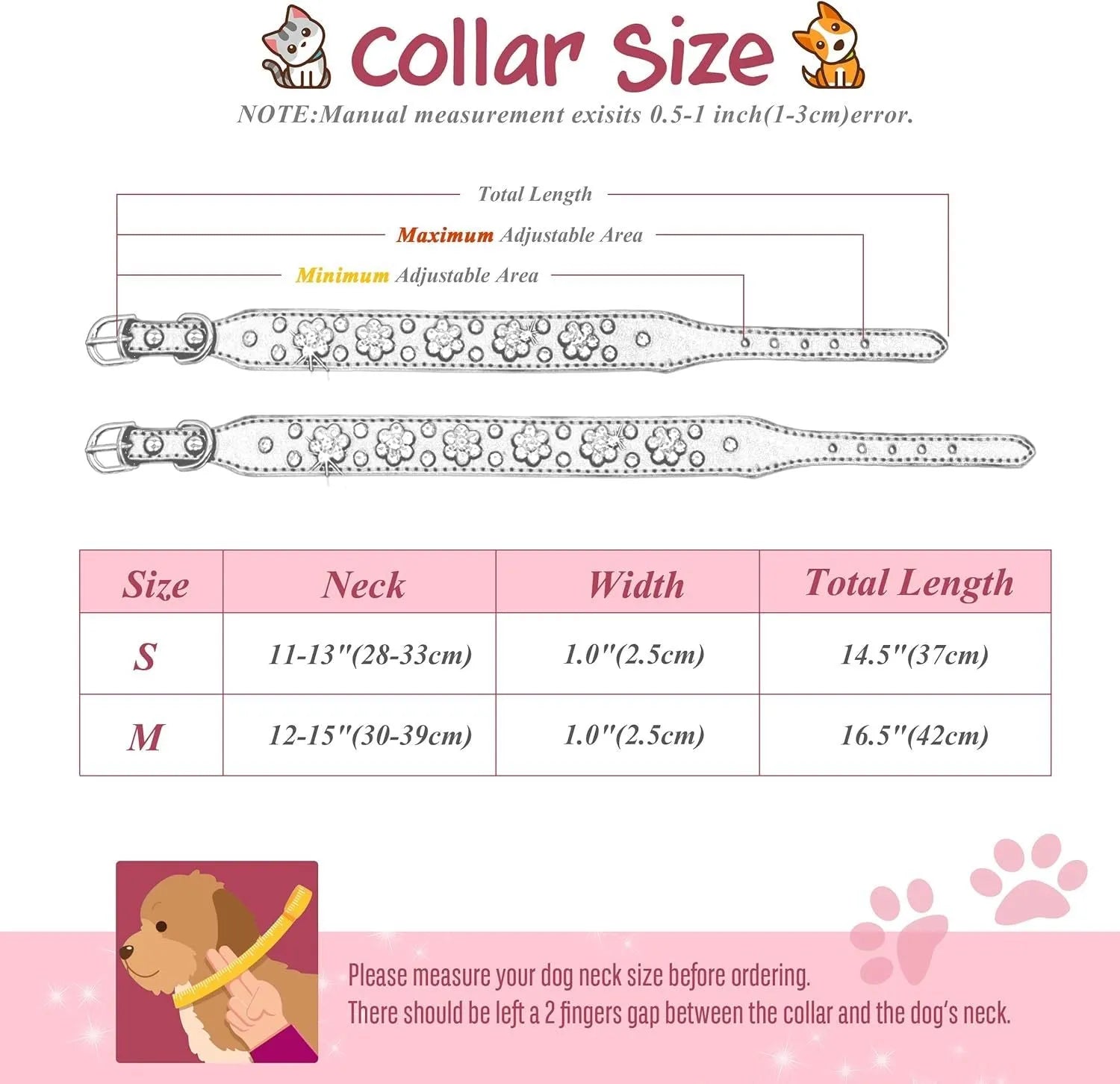PU leather dog collar with studded rhinestone flower pattern in colour, showing metal D-ring and adjustable eyelets.